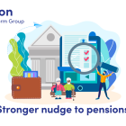 Illustration of an elderly couple and a young man in front of a bank
