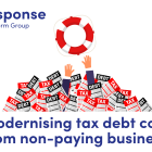 Illustration of debt paperwork with hands coming out of them reaching for a lifebuoy