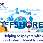Illustration of the word offshore with a man and woman next to it