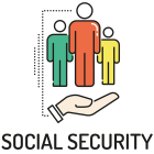 Illustration of a hand holding up icons of people with the words social security underneath