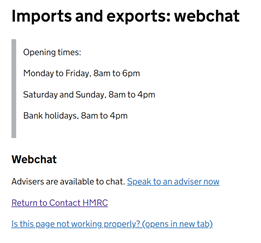 HMRC imports and exports webchat screenshot