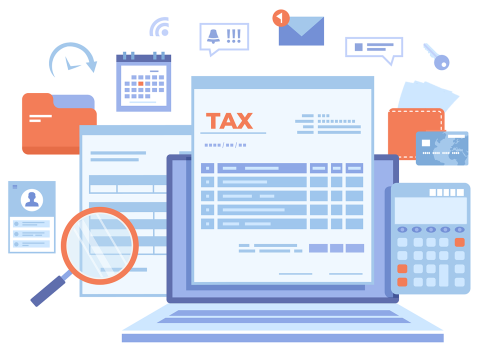 Illustration of a tax document, laptop, calculator and other financial-related icons