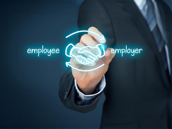 A person writing on a screen, an image of shaking hands, the word 'EMPLOYEE' written to the left of it and the word 'EMPLOYER' written to the right.