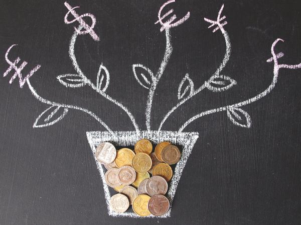 a flower pot and flowers drawn on a chalkboard with stems growing from it, the flower bud is each a different currency. within the money pot is a pile of coins from various different countries