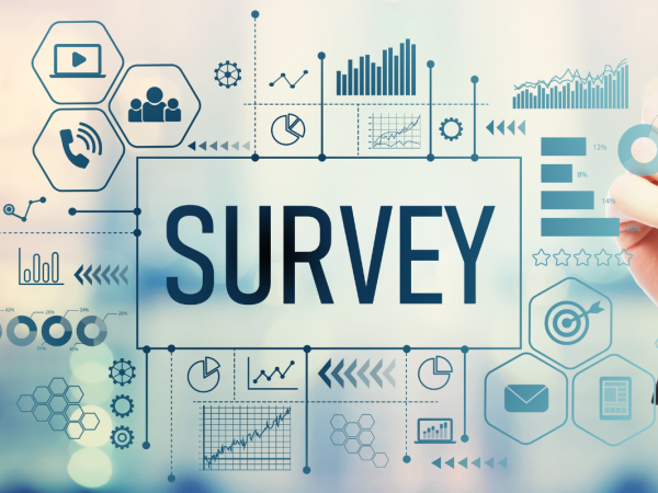 a person writing on a board filled with graphs, charts and icons, with the word 'SURVEY' in the middle 