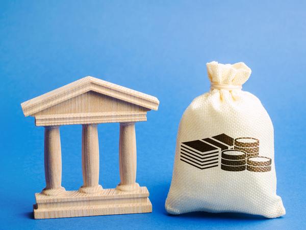 A white bag with images of money on the front, and a figure of a state building.