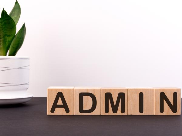 a house plant and wooden blocks spelling out the word 'ADMIN'