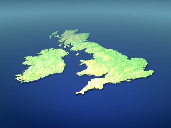green image on a blue background of England, Ireland, Scotland and Wales. 