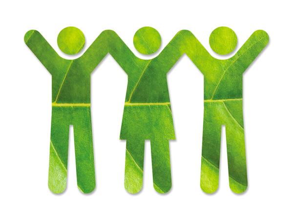 3 figures of people with their arms raised above their heads, holding hands. Figures are green colour and in the pattern of a leaf.