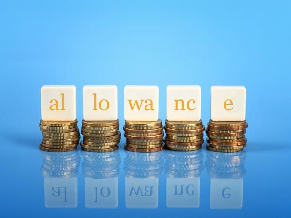 stacks of coins with wooden blocks on top, each block has letters written on them spelling out 'ALLOWANCE' 