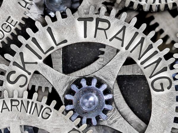 a number of cogs, with different words engraved on them, such as 'SKILL TRAINING', 'LEARNIN'G', 'EDUCATION', KNOWLEDGE'