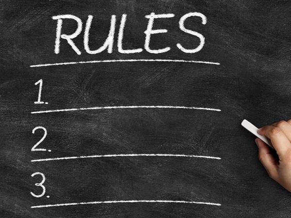 a chalkboard with the word 'RULES' written in white chalk across the top, the numbers 1,2, and 3 are written down the side. 
