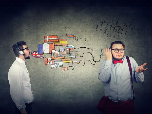 one person speaking on the left another holding a glass to his ear on the right and looking confused. drawn on the wall behind them are flags of various countries, starting with Great Britain on the left and all leading to the glass on the right. 