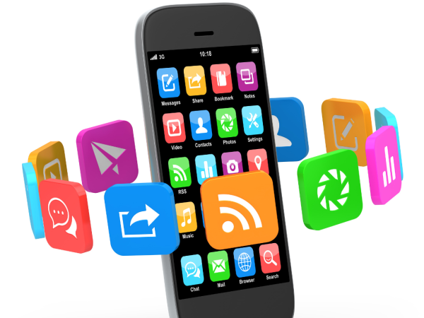 a smart phone with various different apps surrounding it