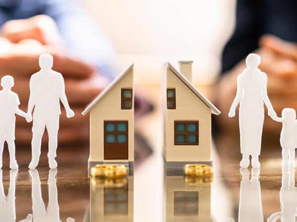 a small mode house cut in half on the left shows a dad with a child and on the right shows a mum with a different child. 