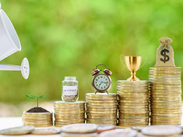 5 stacks of coins increasing in size, all have a different figure on top, from left to right: a plant growing from a pile of dirt, a person is watering the plant, a jar of coins, a clock, a trophy, a bag of money. 