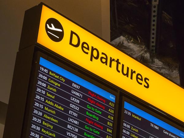 Airport screen showing 'DEPARTURES'