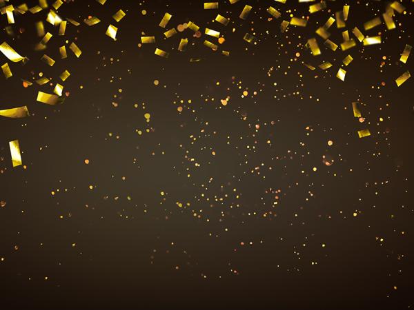raining gold confetti isolated on black, party background concept