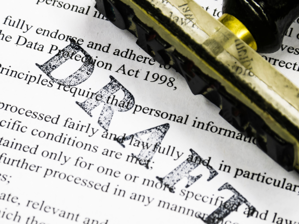 A typed page of legislation with a stamp of the word 'DRAFT' stamped onto it. 
