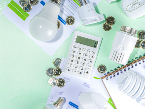 various letters, stationary, coins and lightbulbs scattered on a pale green background.