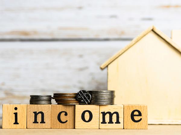 A small wooden house with wooden blocks spelling out the word 'INCOME' on top of the blocks are small piles of coins. 