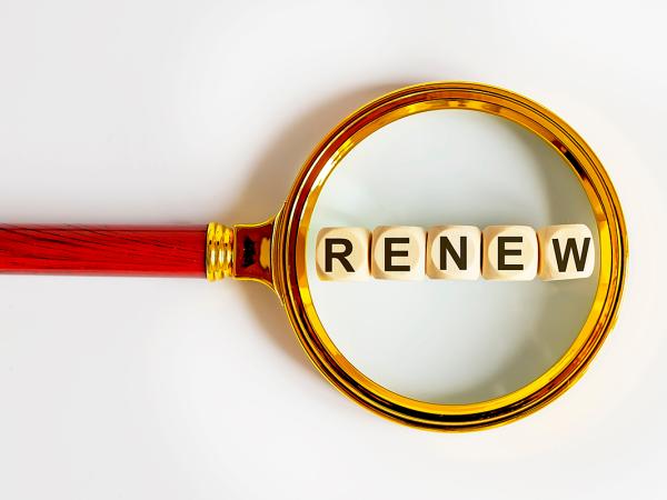 A magnifying glass hovering over some wooden blocks, the wooden blocks read the word 'RENEW'. 