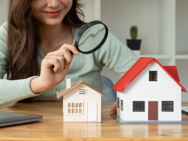 A person looking at a model house through a magnifying glass