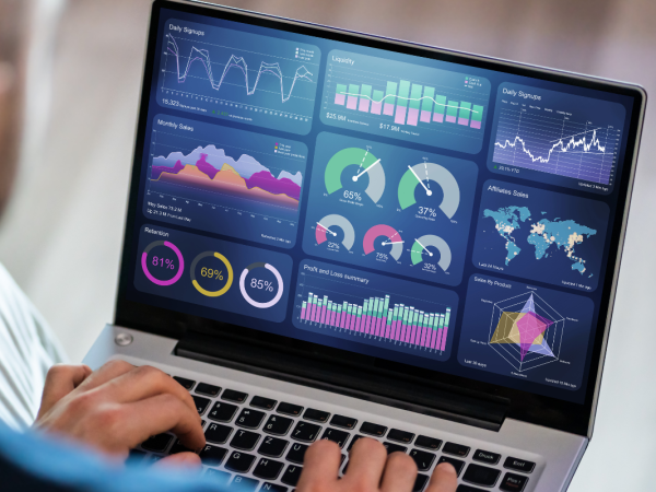 A person looking at data on a laptop