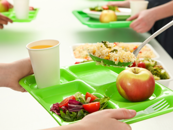 a school lunch tray with food on it. 
