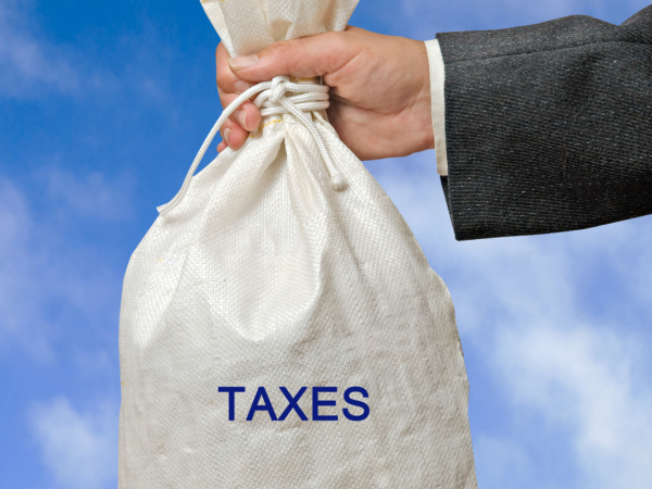 A person holding a white sack, the sack has the word 'TAXES' printed on it in blue text.