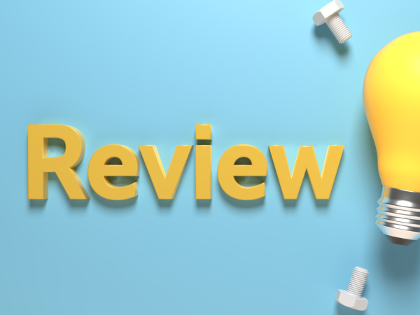 the word 'REVIEW' in yellow text and a yellow lightbulb against a light blue background.