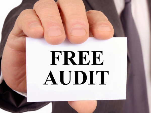 A person holding out a white card with the words 'FREE AUDIT' typed on it