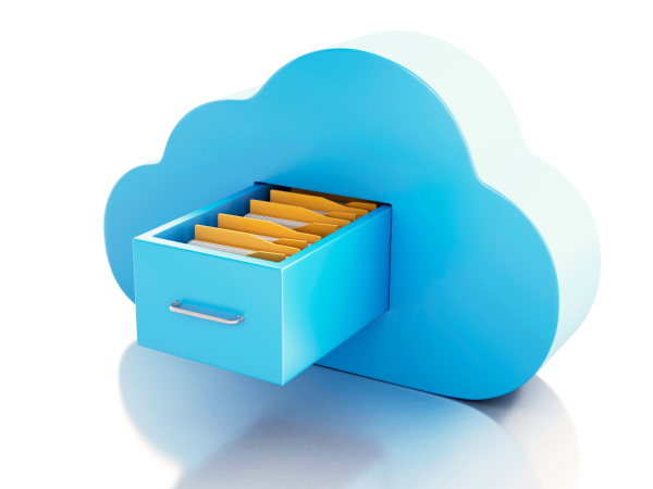 a blue cloud shape with a draw coming out of it, inside the drawer are many files