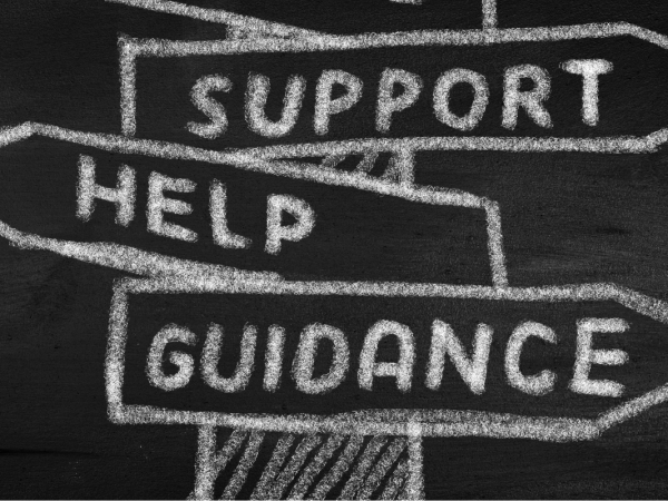 a street sign drawn on a chalkboard with the signs reading 'SUPPORT'', 'HELP', 'GUIDANCE'