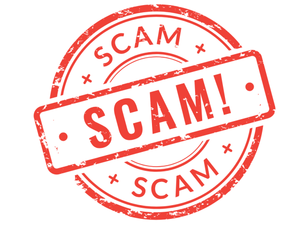 red ink stamp of the word SCAM!