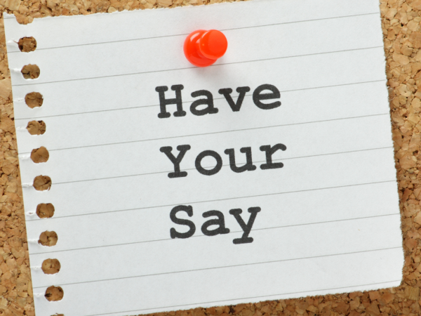 Notice on a corkboard with the words 'HAVE YOUR SAY' on it.