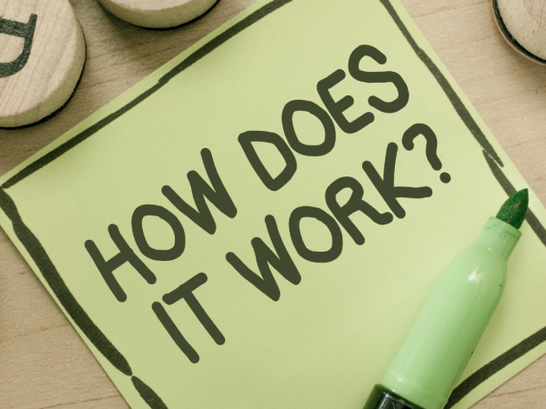 a post it note with the words 'HOW DOES IT WORK?' surrounded by circular scrabble tiles.
