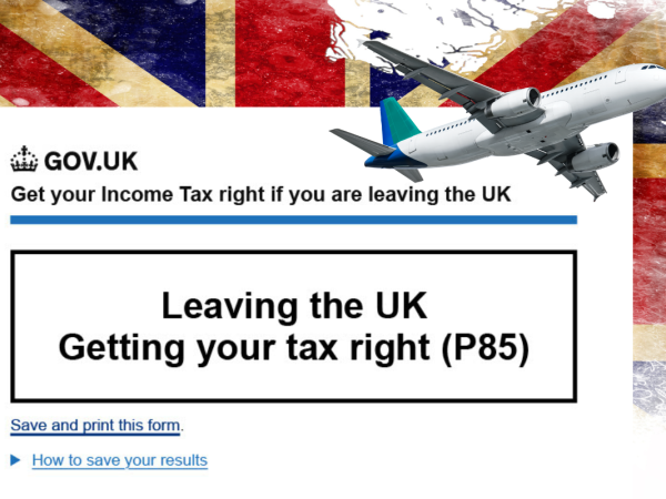 A UK flag in the background with a copy of the form P85 and a plane