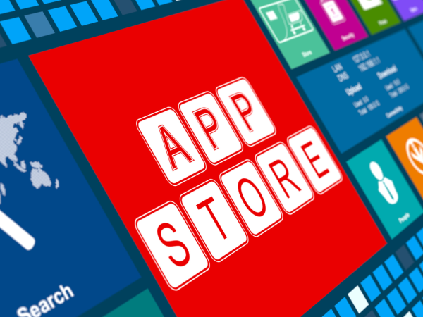 Blue screen with various different coloured and designed tiles, one at the front is red with the words 'APP STORE' 