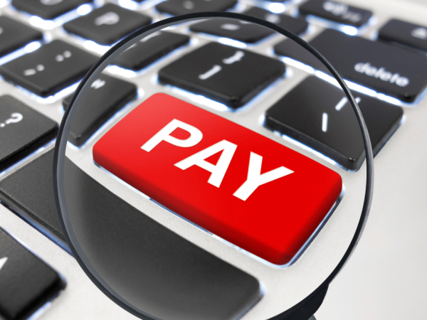 A computer keyboard with one red key containing the word 'PAY' 