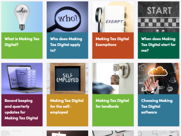 different coloured panels with questions about Making Tax Digital with images