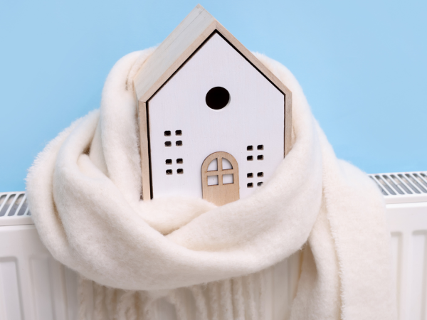 A wooden house wrapped in a cream coloured scarf on a radiator 