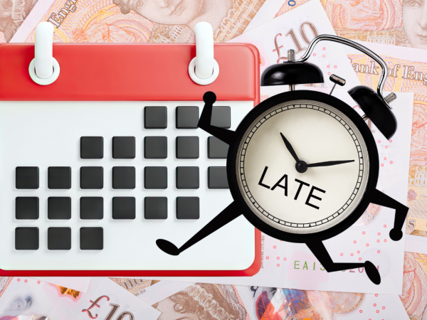 A calendar and a clock with the word 'LATE' across the face and a background of british £10 notes 