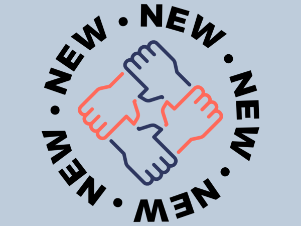 4 hands supporting each other interlinked surrounded by a circle of the word 'NEW' against a pale blue background.