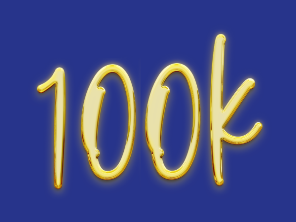 Golden writing spelling out '100K' against a blue background