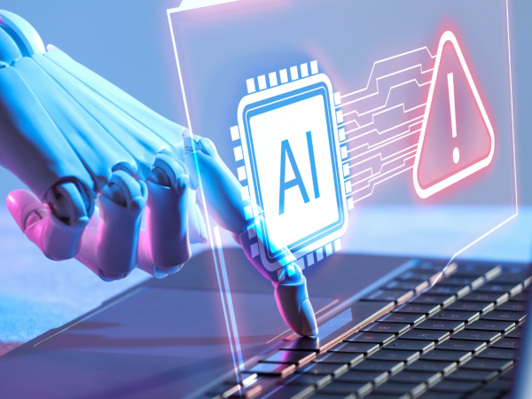 A plastic hand pressing buttons on a computer keyboard and a transparent pop up showing 'AI' on a microchip with lines leading to an exclamation mark symbol