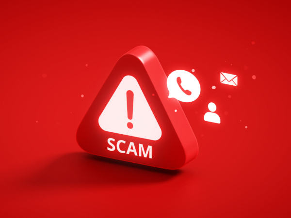A red background, with a warning triangle and the word 'SCAM' along with icons for envelope, chat, and person. 