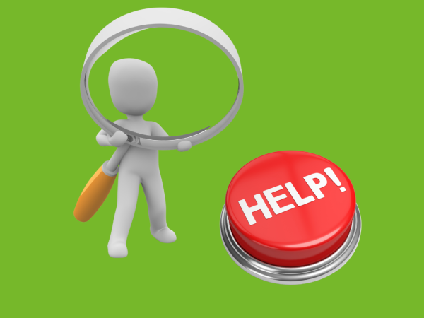 A person figure holding a magnifying glass searching for the red 'HELP' button.