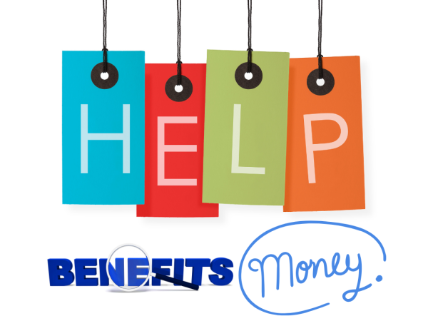 the word 'HELP' hanging on coloured signs, the word 'BENEFITS' with a magnifying glass and the word 'MONEY' against a white background.