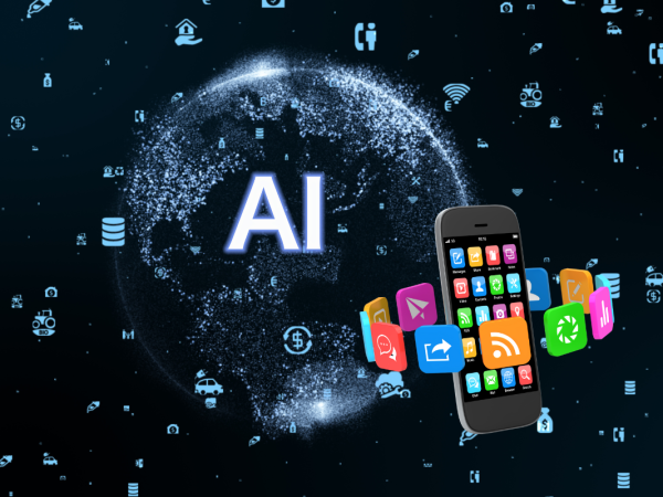 Tiny pixels in the shape of earth surrounded by icons and  apps along with a smart phone. 